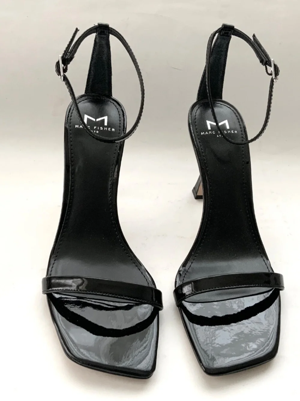 MARC FISHER Jalina Black Patent Leather Square Toe Ankle Strap High Heel Sandals
